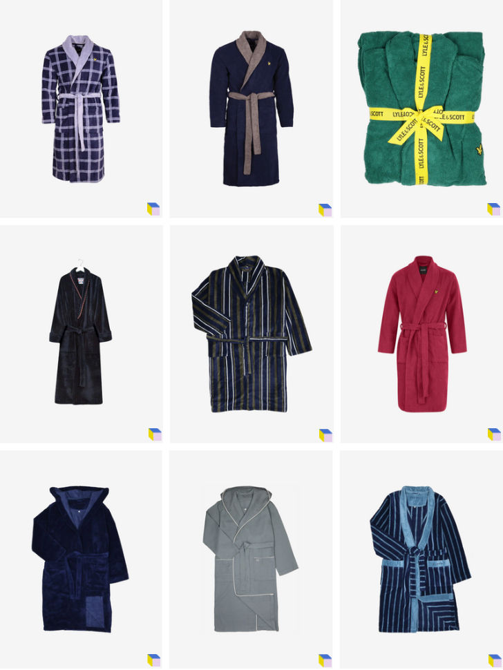 Nine robes in various colors and patterns: plaid, solid, striped. Green one wrapped with yellow LYLE SCOTT ribbon. Plain white background.