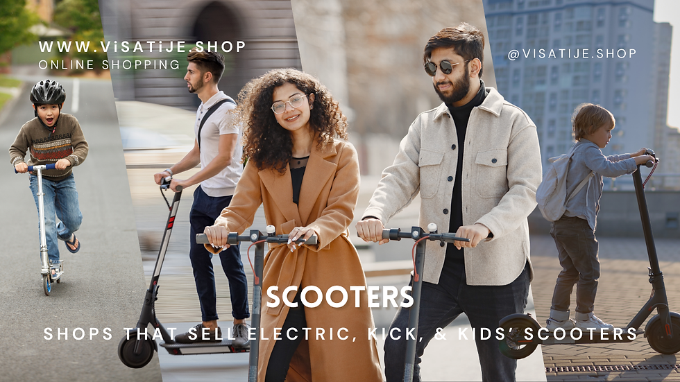 Adults and kids ride scooters in urban settings; text: ViSATiJE.SHOP, SCOOTERS. Bright and cheerful atmosphere.