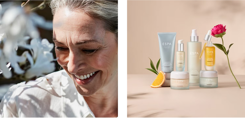 Smiling person with white flowers on left; ESPA skincare products with orange slice and pink flower on beige background on right.