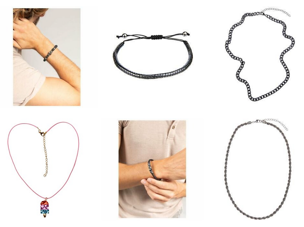 Various bracelets and necklaces are displayed on a white background. A person wears a black bracelet on their wrist.