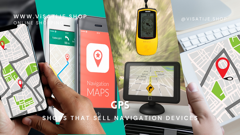 Hands holding GPS and navigation devices with maps on screens. Text: "Online Shopping," "GPS," "Navigation MAPS," and store handles.