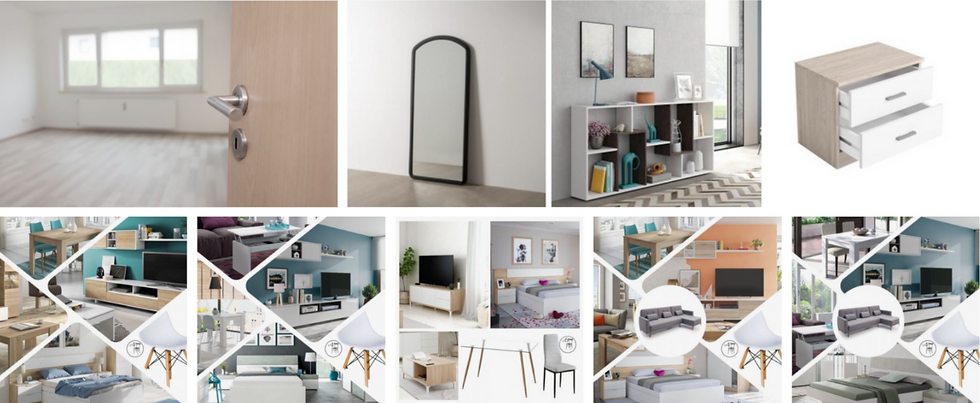 Collage of modern furniture and room interiors including a mirror, shelving, drawers, and various styled rooms. Neutral tones and geometric patterns.