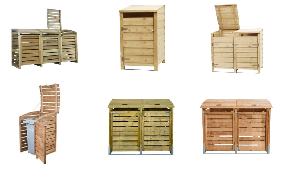 Wooden storage bins with various designs and openings. Light to dark wood tones, gray bins inside some. White background.