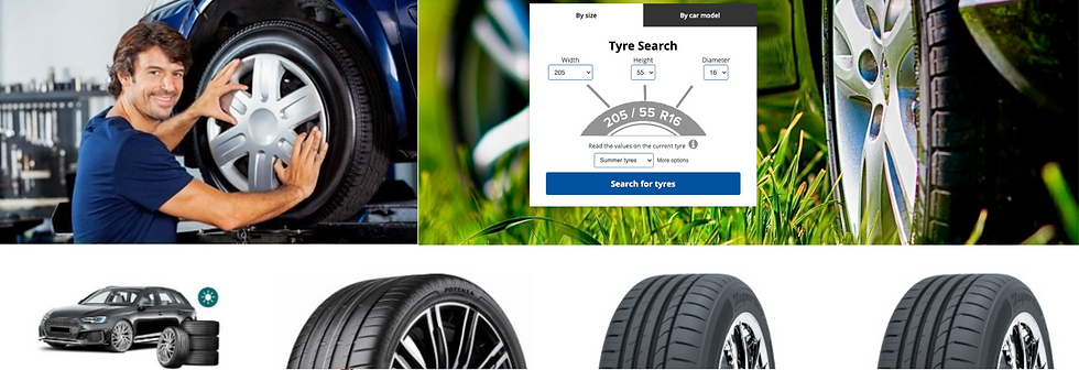 Man fits tire on a car in a garage, another tire on grass with wheel detail, and a tire search interface. Car and tires icon below.