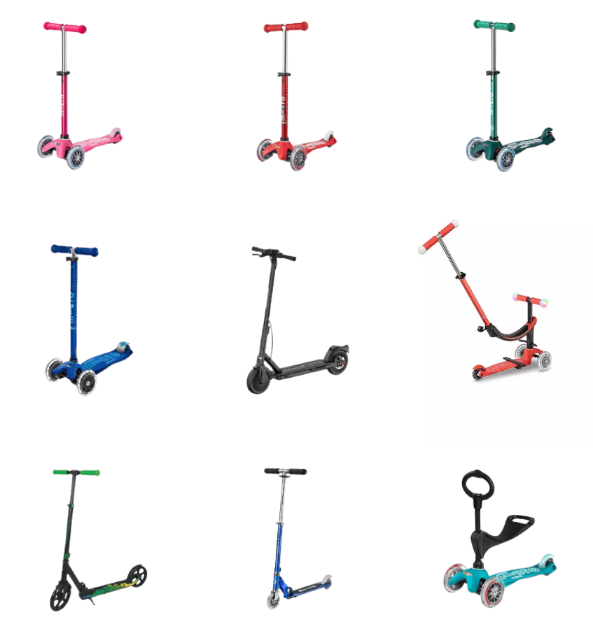 Nine colorful scooters on a white background, featuring various designs and styles, including three-wheel, electric, and toddler options.