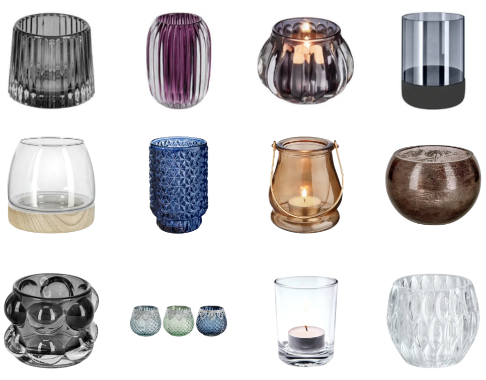 Various glass candle holders in different shapes and colors, including purple, blue, and clear, arranged in a grid. Some contain lit candles.