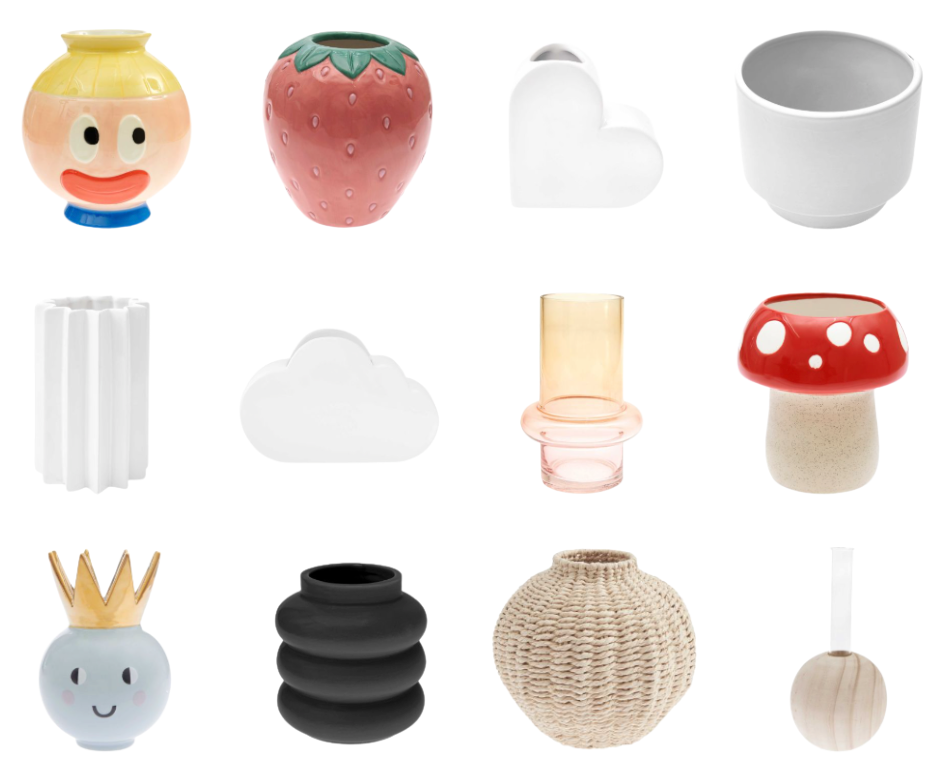 Colorful vases, including a face, strawberry, heart, mushroom, and cloud, arranged on a white background, showcasing various shapes and textures.