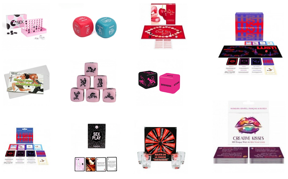 Various adult-themed games, including dice, cards, and kits, are displayed against a white background. Bright colors and playful designs.