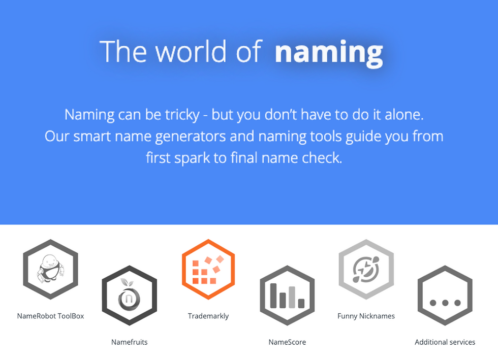 Blue background image with text: The world of naming. Describes naming tools: NameRobot ToolBox, Namefruits, Trademarkly, NameScore, Funny Nicknames.