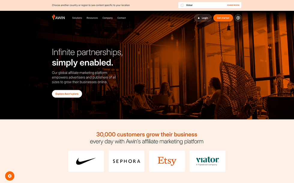 Office setting with three people working, orange tint. Text: "Infinite partnerships, simply enabled." Logos: Nike, Sephora, Etsy, Viator.
