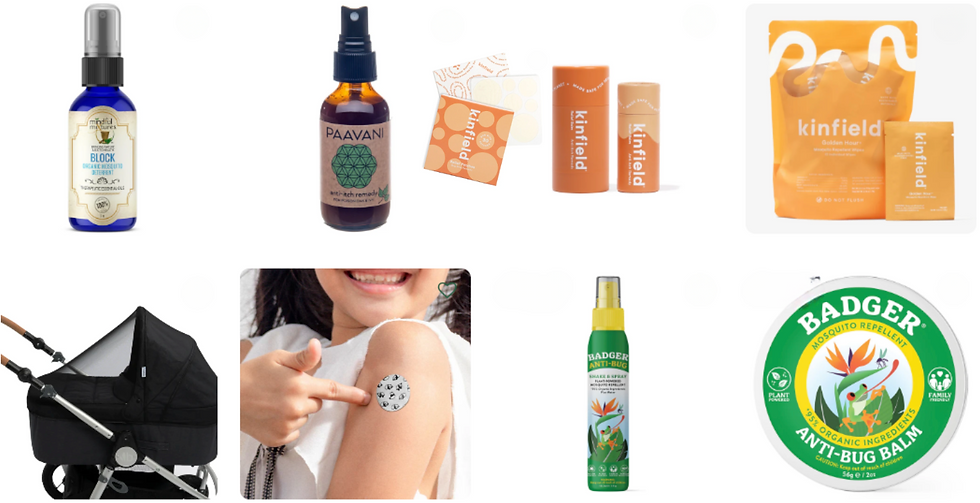 Various mosquito repellent products displayed, including sprays, balm, and patches. A person applies a patch on their arm. Colors are vibrant.
