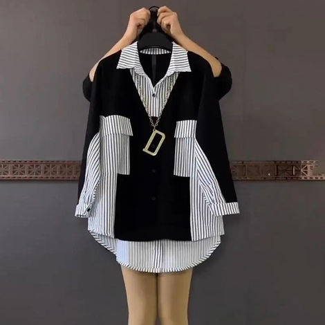 Women's Patchwork striped shirt, Korean fashion, casual, long sleeves, match with everything, loose-fitting single-breasted blouse, women's wear