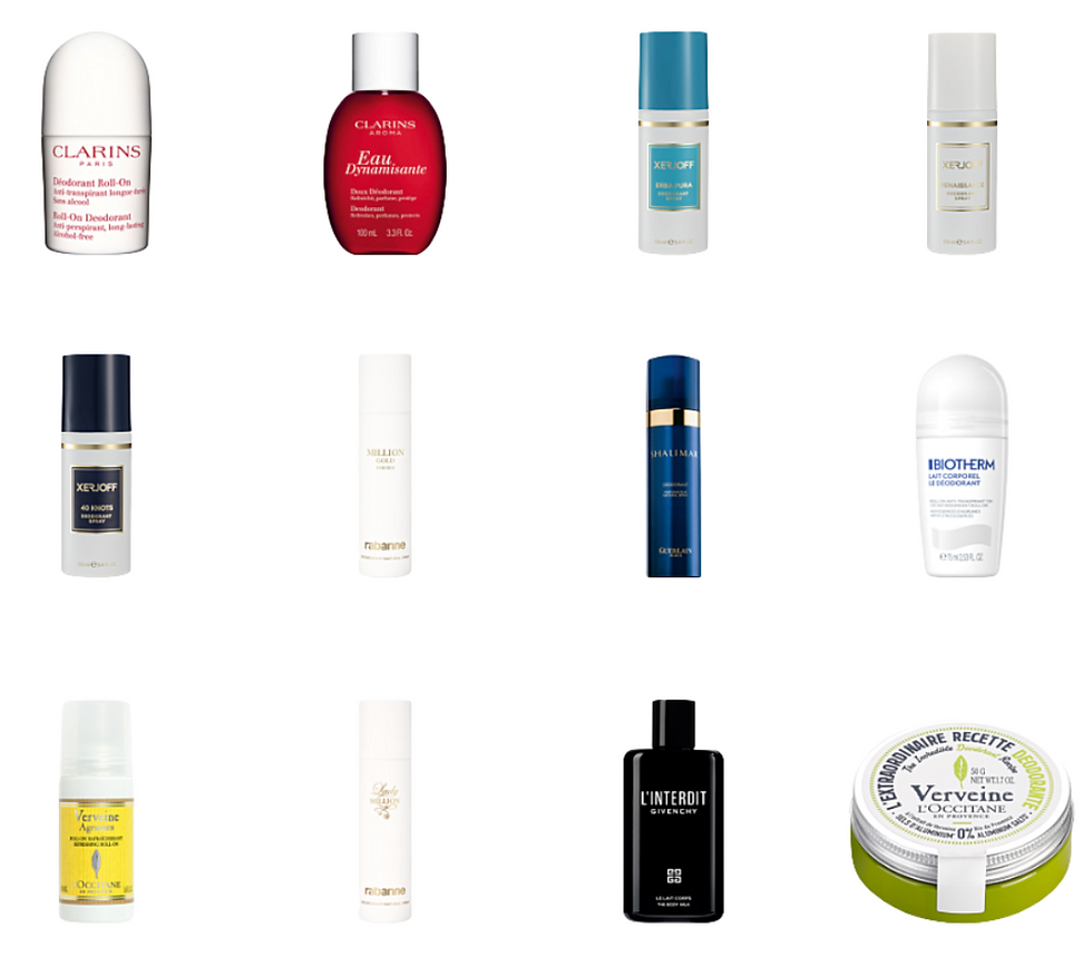Various deodorant bottles and containers are displayed in a grid on a white background. Brands include Clarins, Xerjoff, and Biotherm.