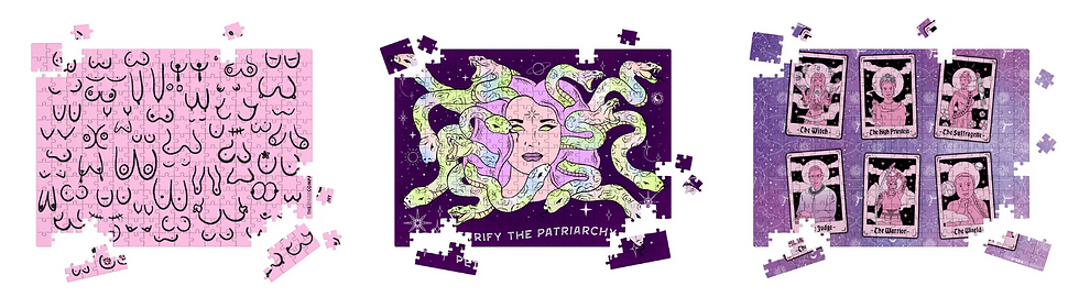 Three puzzle artworks: pink with diverse body drawings, purple Medusa with "PRY THE PATRIARCHY," and tarot cards, each partially assembled.