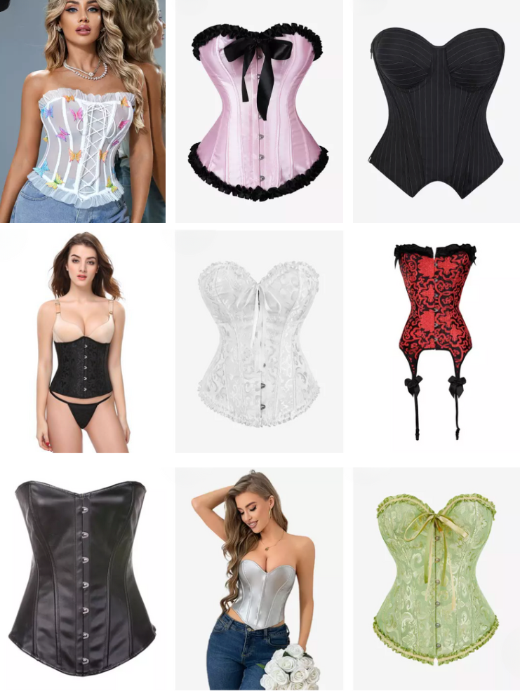 A collage of nine corsets: multicolored, pink, black, white, red, and green. Models wear some, set against a plain background.