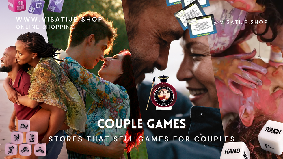 Couples embracing lovingly with colorful settings and intimacy-themed dice. Text: "Visatije.shop" and "Couple Games: Stores for Couples".