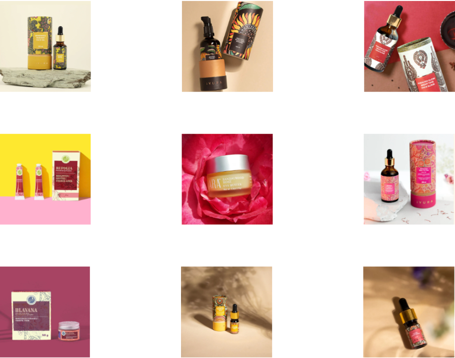 Various skincare products are arranged in a grid against colorful backgrounds, including bottles, jars, and boxes with vibrant designs.