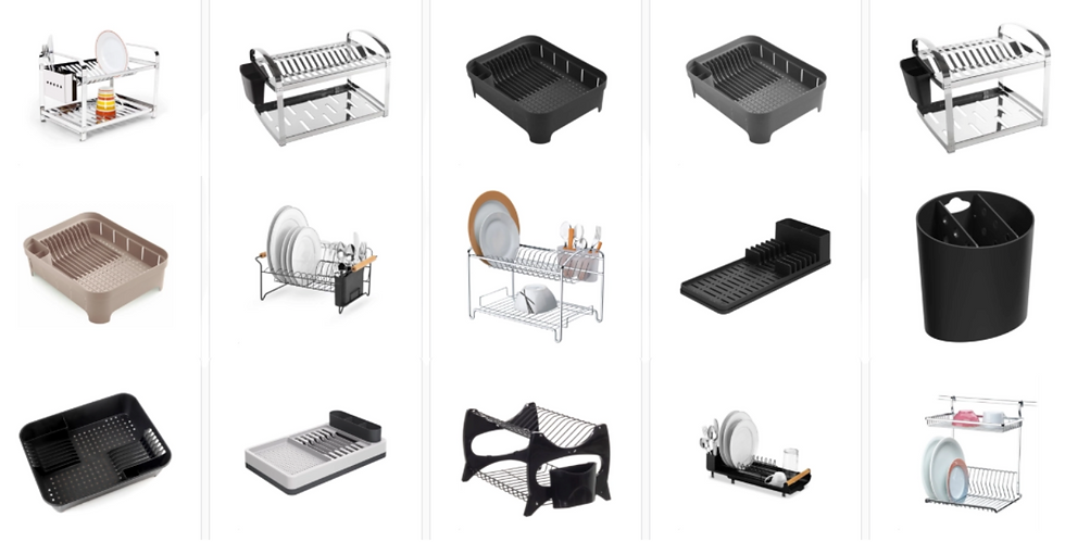 Various dish racks and utensil holders in different styles and colors on a white background. Some hold dishes and utensils.