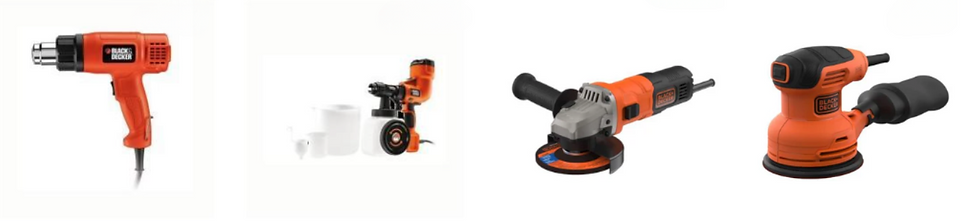 Four orange and black power tools, including a heat gun, paint sprayer, angle grinder, and sander, are displayed against a white background.
