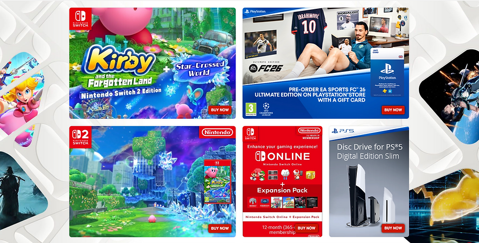 Collage of gaming ads: Kirby on Switch, FC 26 for PlayStation, Nintendo Switch Online, PS5 Disc Drive. Bright colors, text "BUY NOW".