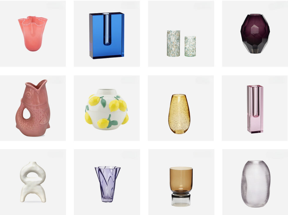 Twelve colorful decorative vases, including pink, blue, lemon pattern, and amber glass, arranged in a grid on a white background.
