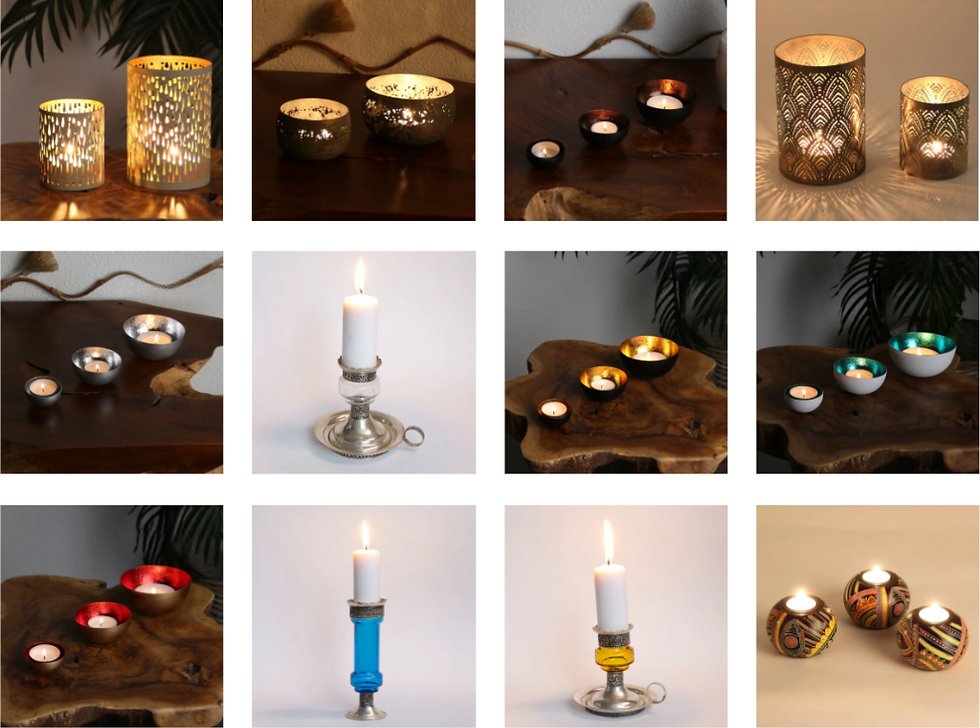 Decorative candle holders and lit candles on wooden surfaces. Designs include metallic, colorful patterns, and various holders, creating a warm ambiance.