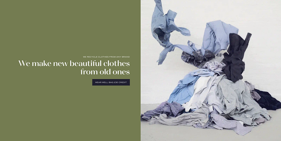 Clothes pile against a white background with text: "We make new beautiful clothes from old ones" on green background, promoting recycling.