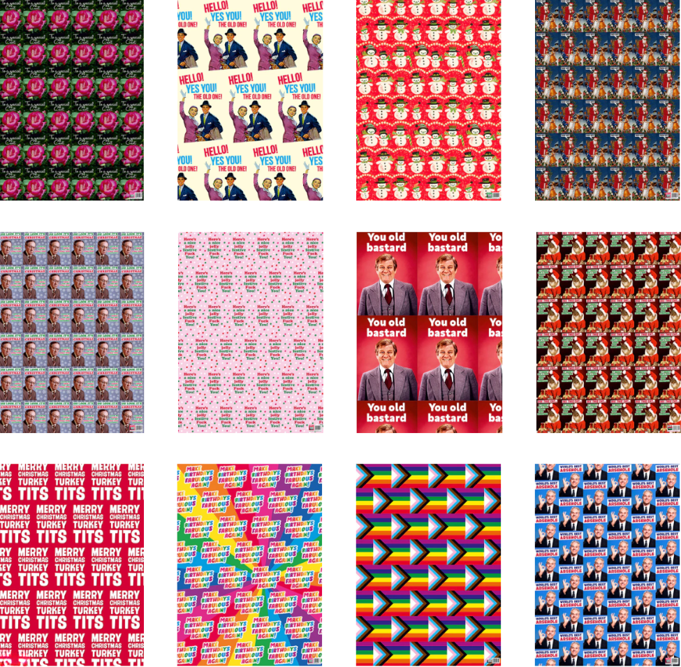 A grid of colorful, repeating patterns with text and images. Notable phrases include "HELLO! YES YOU!" and "You old bastard." Bright, varied colors.