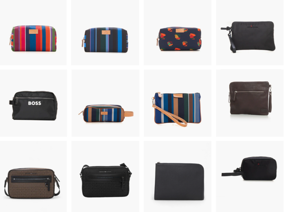 Grid of 12 toiletry bags in various colors and patterns, including stripes and solid tones. Brands like BOSS visible. White background.