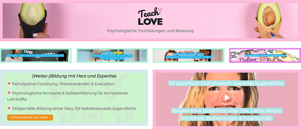 Avocado in cone on pink; banner "Teach Love," with text on education and mental health. Videos and courses on sex education are featured.