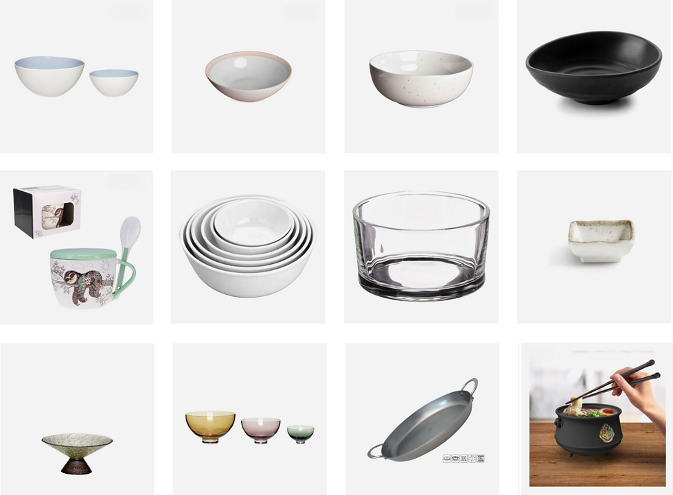 Assorted bowls and dishes in various colors and sizes displayed on a white background. Includes cup with animal design and a cooking pot.