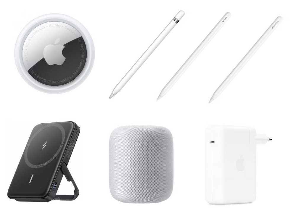 Various Apple accessories including an AirTag, styluses, a charger, speaker, and wireless charger. Displayed on a white background.