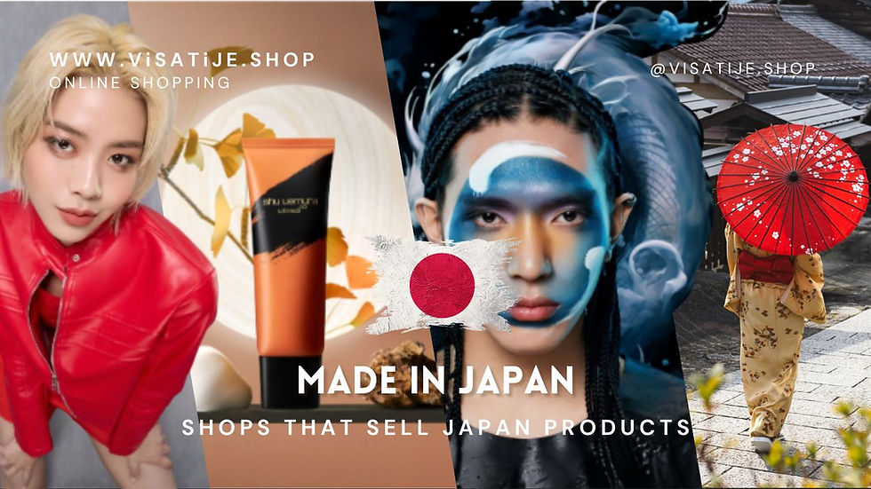 People with bold makeup and outfits, a cosmetic product, Japanese flag, and a person with a red umbrella. Text: Online Shopping, Made in Japan.