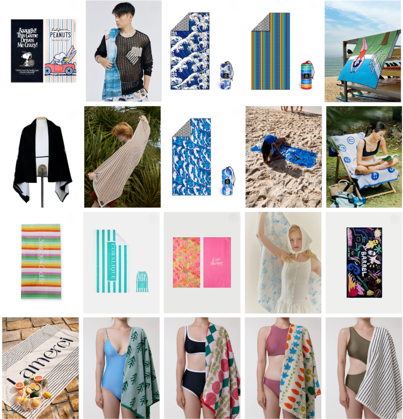 A collage of beach towels with various patterns and colors. People holding or using towels on sand and grass. Text like "Coralique" and "Barrel" visible.