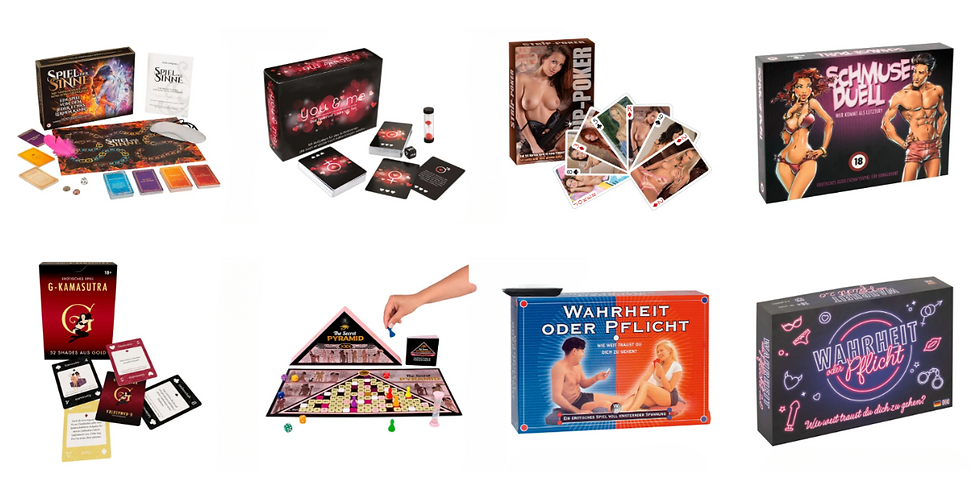 Various adult board games with colorful packaging, playing cards, and a hand interacting with a game board. Text includes "Wahrheit oder Pflicht."