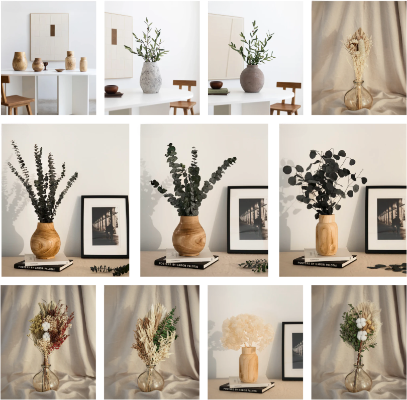 Various vases with greenery and dried flowers on tables with minimalist decor. Neutral tones, framed photos, and soft fabric backdrop.