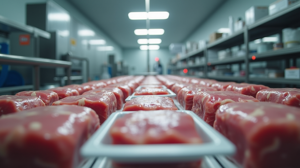 Eye-level view of meat processing plant with packaged meat ready for shipment