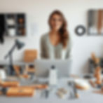 a grown up enterpreneur standing before a gray and clean table full of her productos and t