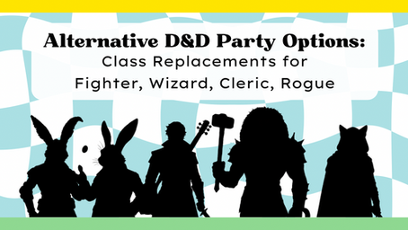 silhouette image of D&D characters human, harengon, tabaxi, and leonin in outfits undertext on a colorful background.
