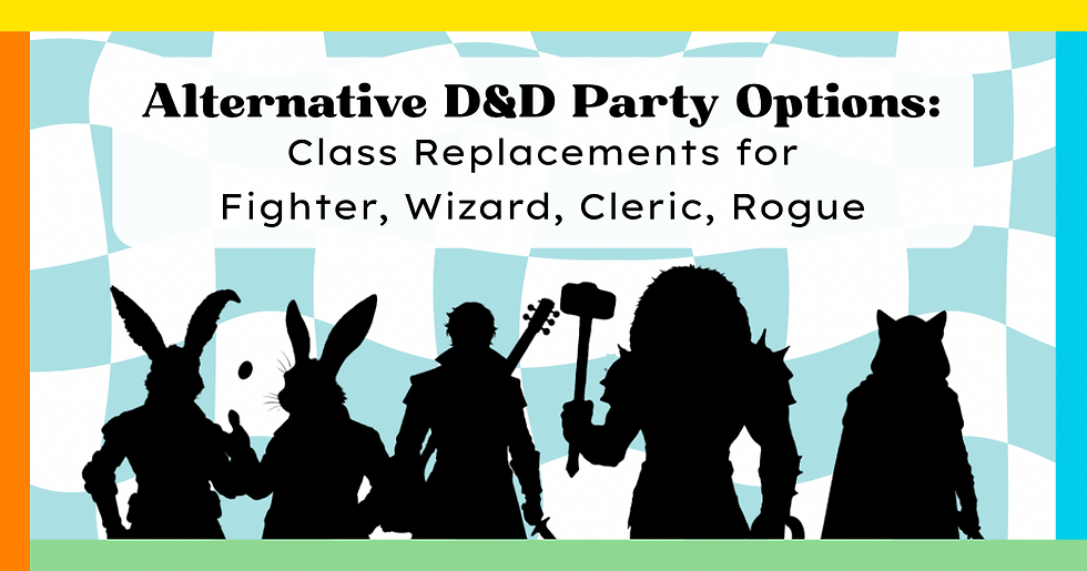 silhouette image of D&D characters human, harengon, tabaxi, and leonin in outfits undertext on a colorful background.