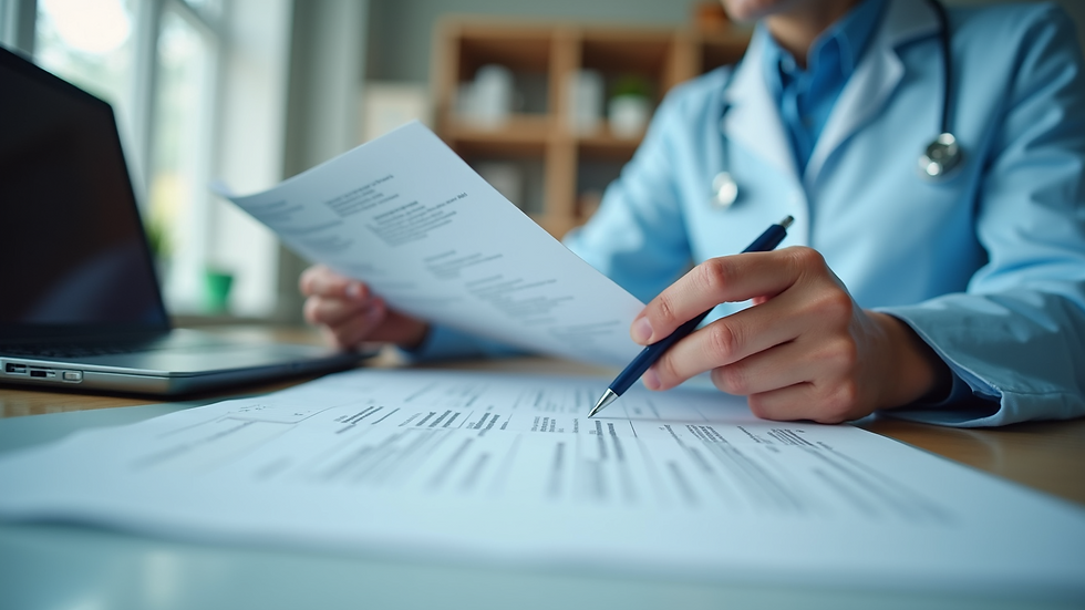 Eye-level view of a legal nurse consultant reviewing medical records