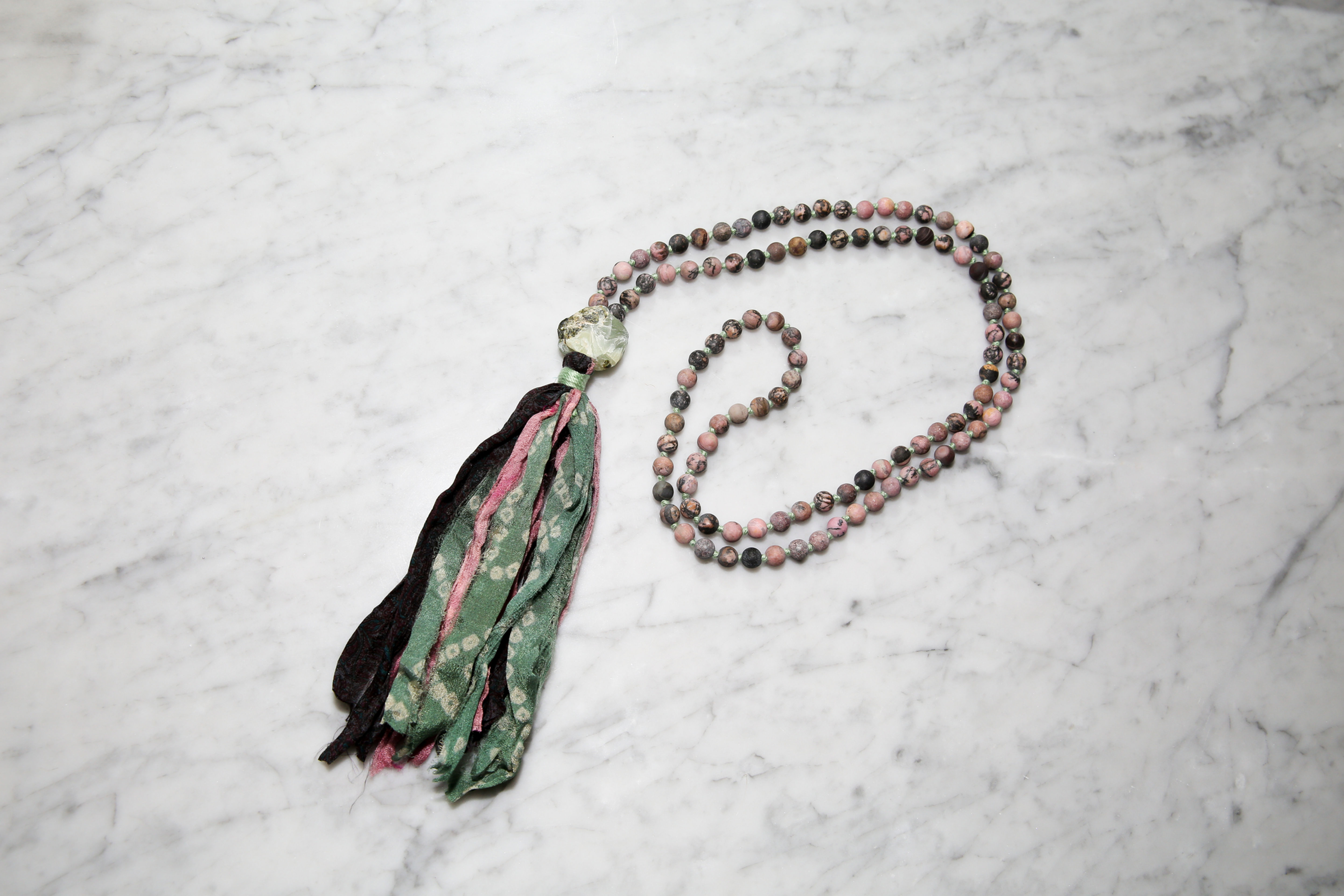 matte rhodonite, prehnite, sari tassel