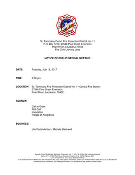 SPECIAL BOARD MEETING AGENDA: TUESDAY, JULY 18, 2017