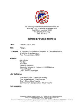 BOARD OF COMMISSIONER'S MEETING NOTICE & AGENDA