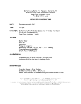 BOARD MEETING AGENDA: TUESDAY, AUGUST 8, 2017