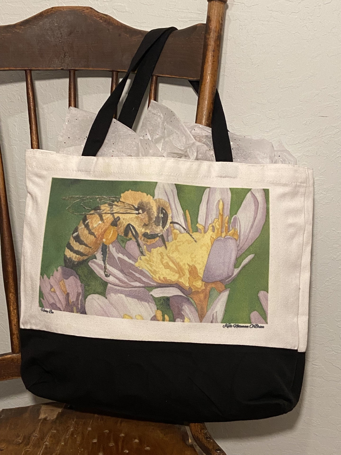 Large canvas tote bag with original artwork by Kelli Noteman O'Brien - Honey Bee