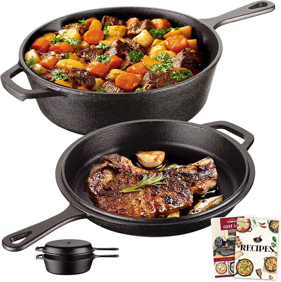 Cast iron set with stew. Dual purpose lid with steak.