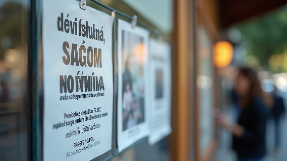 Close-up view of community flyers in multiple languages on a bulletin board