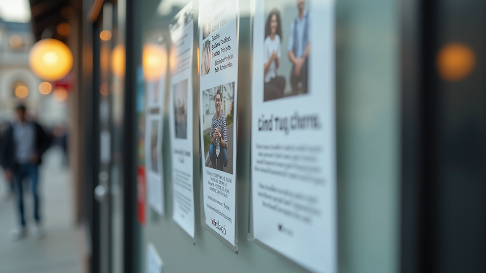 Close-up view of a community bulletin board with flyers and announcements