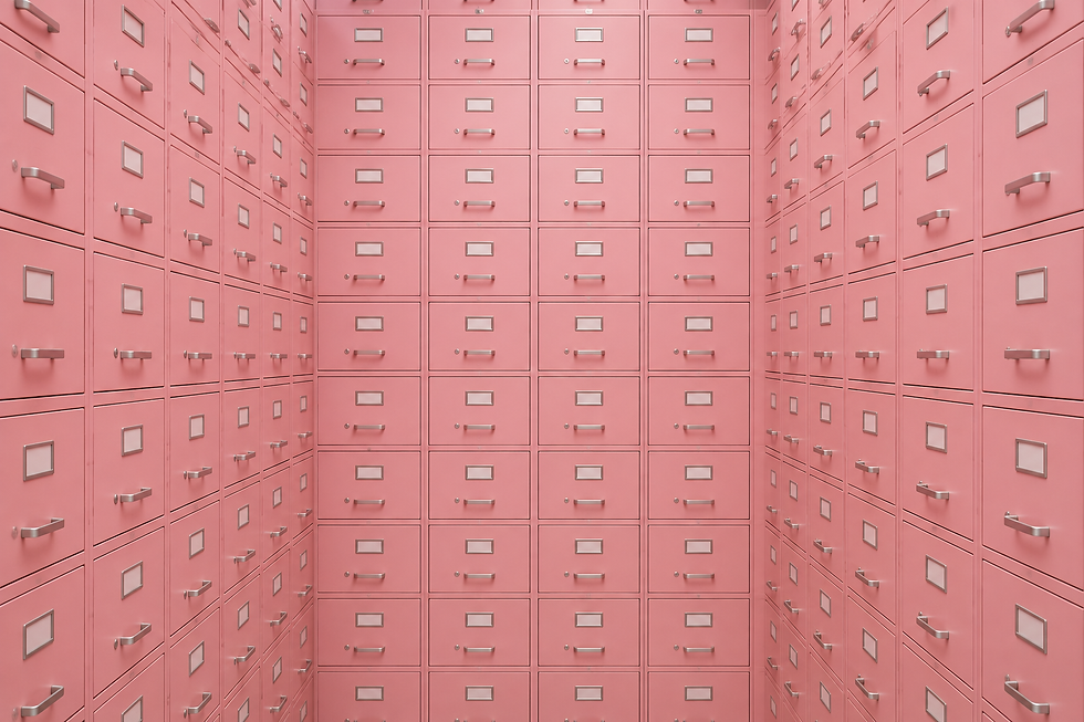 Pink filing cabinets line a narrow archive room, with silver handles and label slots on every drawer.